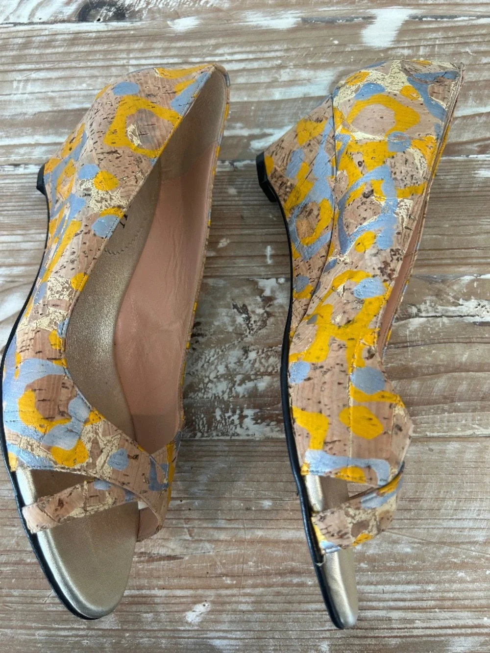 Anyi Lu Peep Toe Cork Wedges in Yellow & Grey Sz 39 (Sz 8.5-9) - EUC